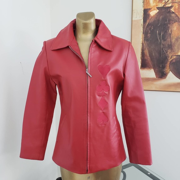 Women's Andrade Red Leather Jacket With Embordered Heart Design Sz M - Picture 5 of 15